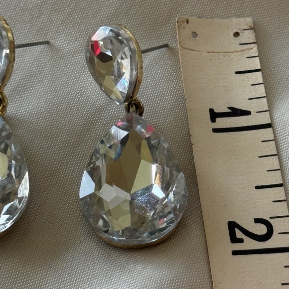 Formal Large Stone Double Teardrop Earrings Designer Inspired Dangles Gold Post - Picture 9 of 10